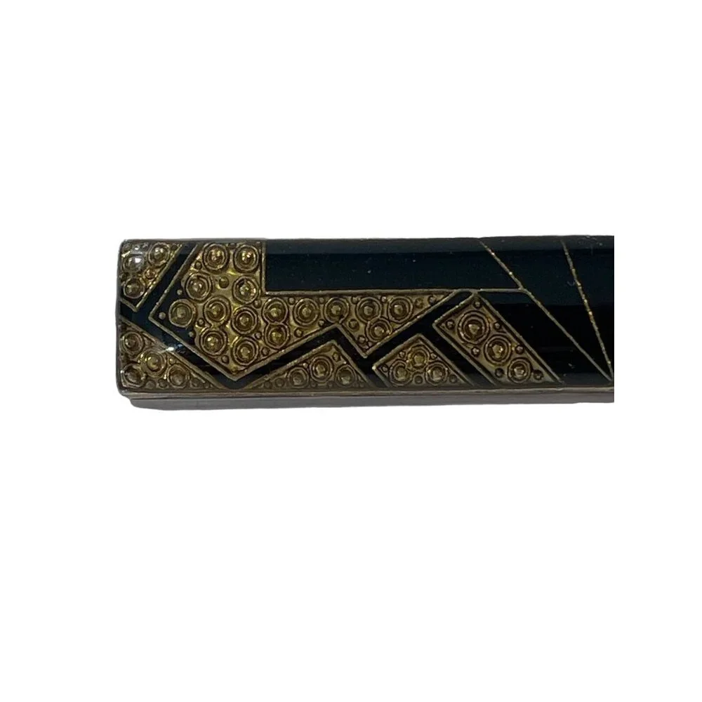 VTG Art‎ Deco Geometric Black Gold Tone Enamel Bar Pin Brooch